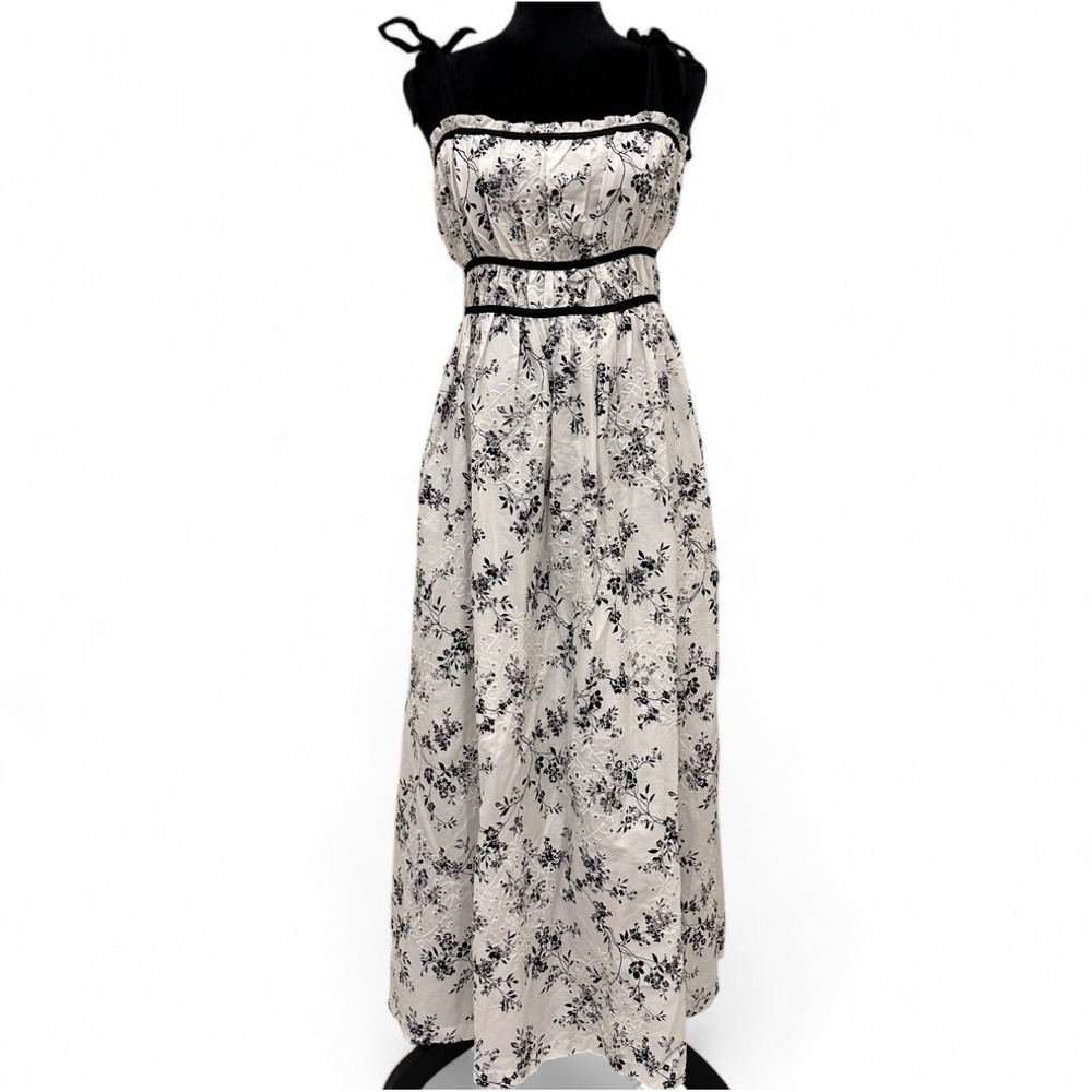 Forever 21 White Black Floral Eyelet Midi Dress Tie Straps Coquette Feminine M